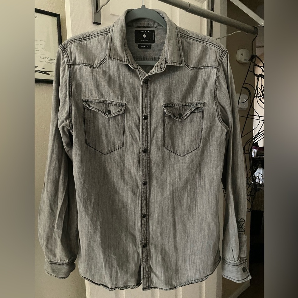 Zara Men's Or Unisex- Gray Denim Button-Up Shirt